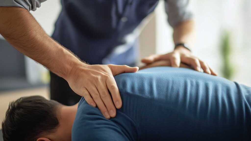 A person sitting at a desk holding their jaw and rubbing their neck, showing discomfort.